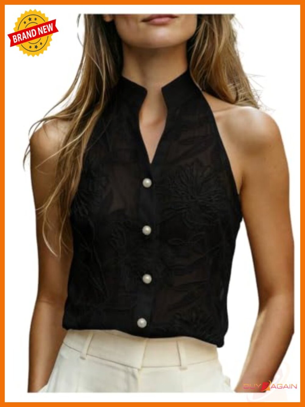 Sheer Floral Embroidered Lace V-Neck Button Front Sleeveless Tank Top